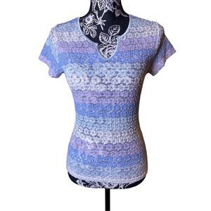Floral Semi Sheer V Neck T Shirt Blouse Coquette Cottage Fairy Lace Rainbow
